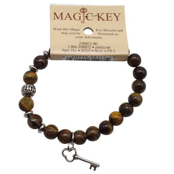 Tigers Eye Beaded Bracelet Brown Silver Tone Key Charm By Magic Key For Ages 16+ - Picture 2 of 2